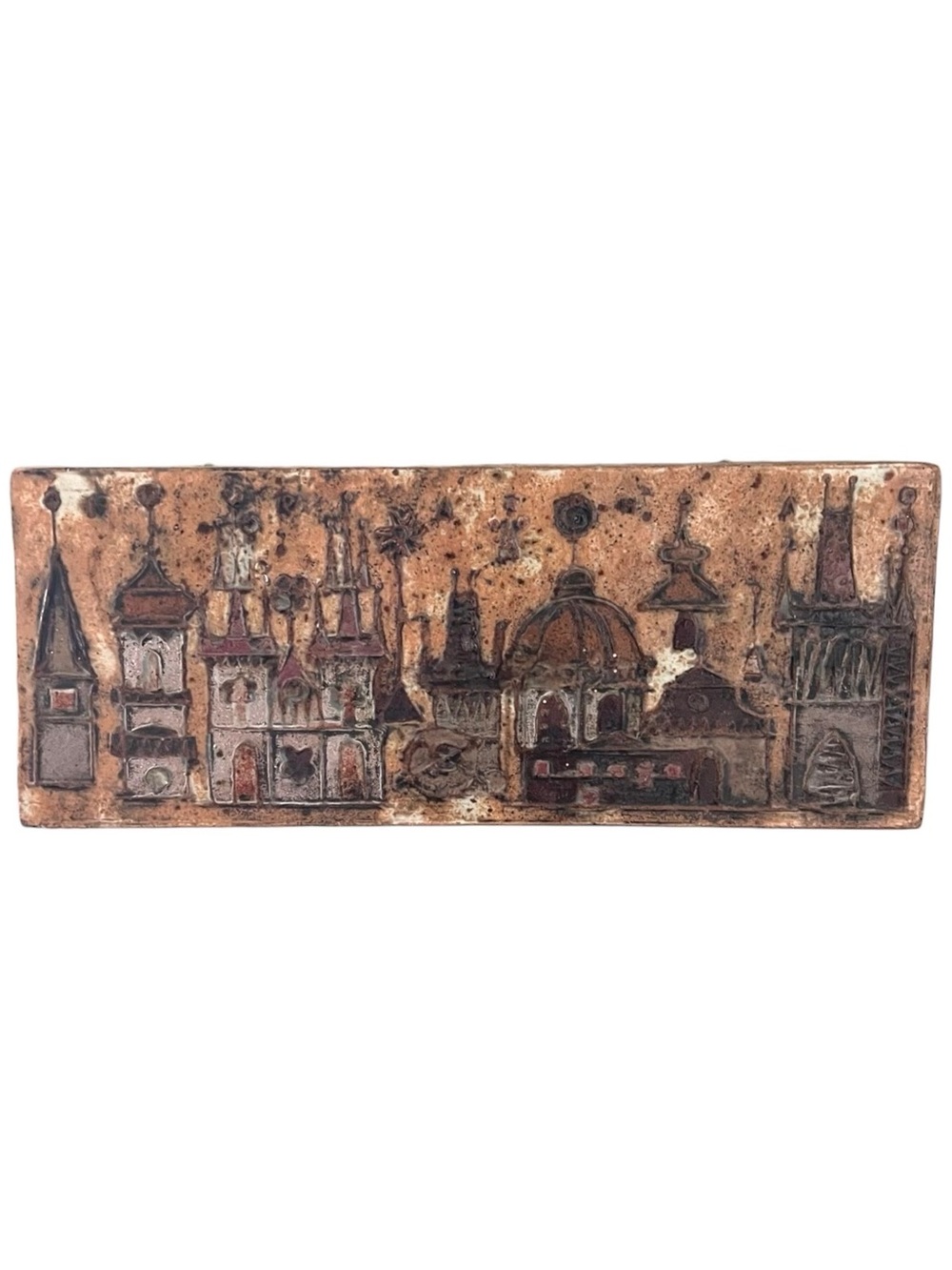 Vintage Mid Century Modern Clay Wall Plaque Prague Cityscape Brutalist 1960s